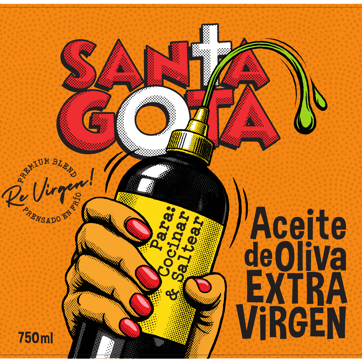 Santa Gota Cocinar y Saltear: aceite de oliva extra virgen chileno en envase squeeze naranja de 750 ml