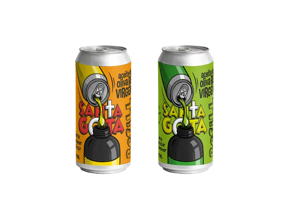 Dos latas refill Santa Gota de 475 ml, naranja Cocinar y verde Alinar, sobre fondo blanco