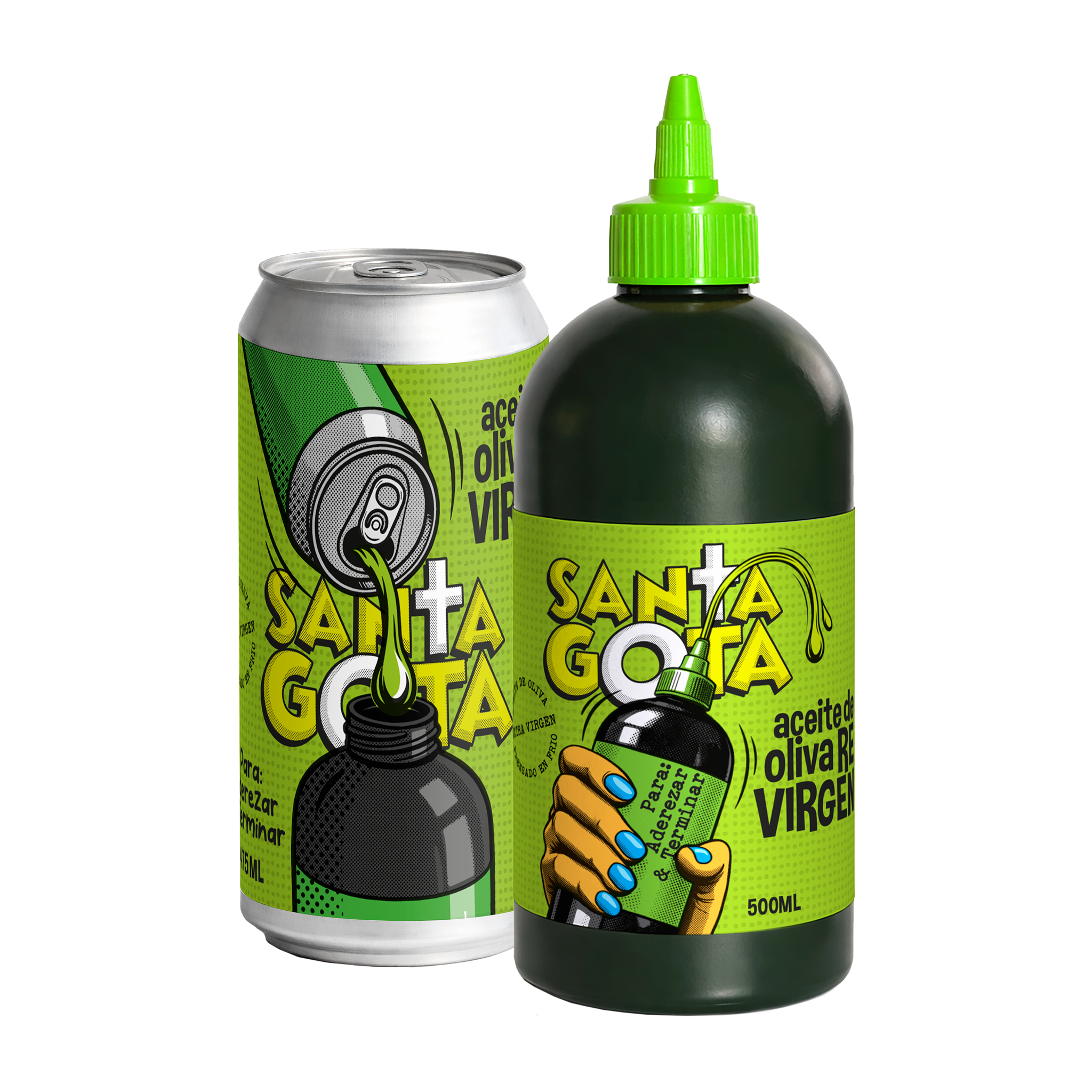 Pack Aderezar y Terminar: envase squeeze de 500 ml y lata de relleno de 473 ml, ambos verdes
